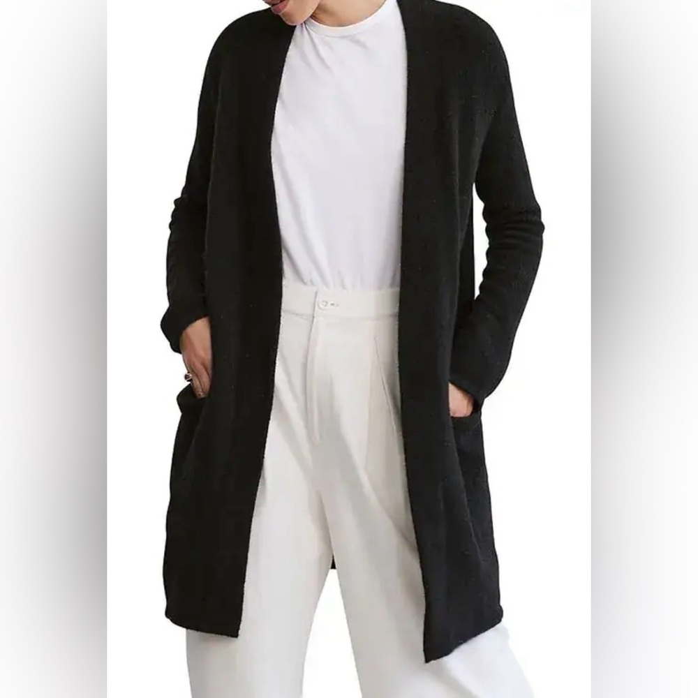 Jenni Kayne Merino Wool Blend Open Front Cardigan Sweater Coat Black Size S